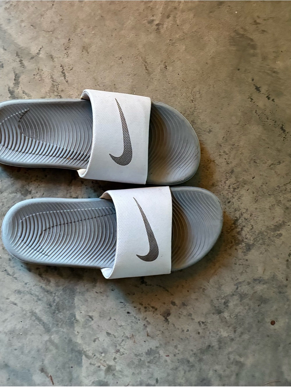 Nike White Slide Sandals with Gray Swoosh and Light Gray Footbed